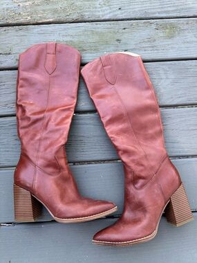 Women's Brown Leather Knee-High Block Heel Boots